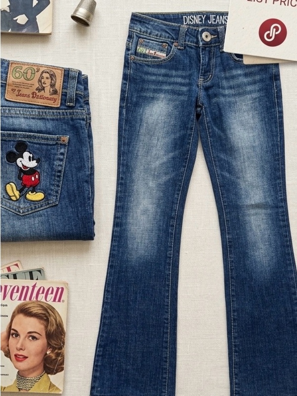 Rare Vintage Disney Mickey '60' Jeans Dictionary Flare Jeans - Sz. 25, inseam 31